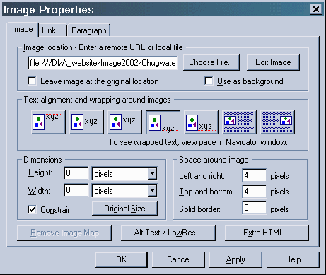 Image properties dialog box